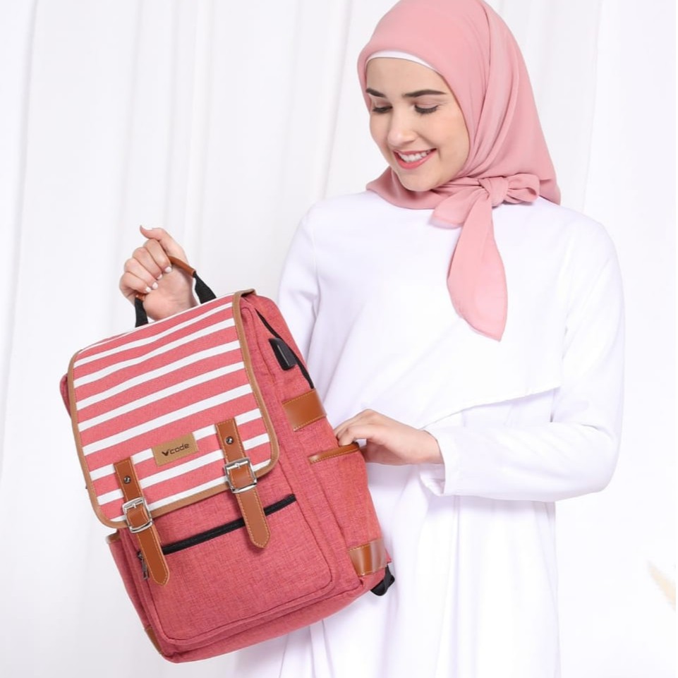 เวอร์ชั่นเกาหลี Vcode Anti Theft USB กระเป๋าเป้สะพายหลังผู้หญิงแล็ปท็อปขนาด 14 นิ้วผ้าคลุมกันฝนฟรี