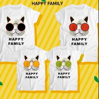 เสื้อครอบครัว พ่อแม่ลูก Happy Family ลายแมวใส่แว่น สีขาว ผ้านุ่ม ใส่สบาย