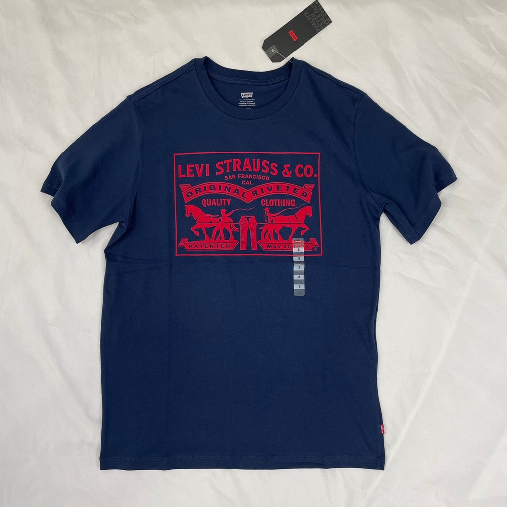 เสื้อยืดคอกลมแขนสั้นพิมพ์ลายโลโก้สีแดง Big Dark Blue