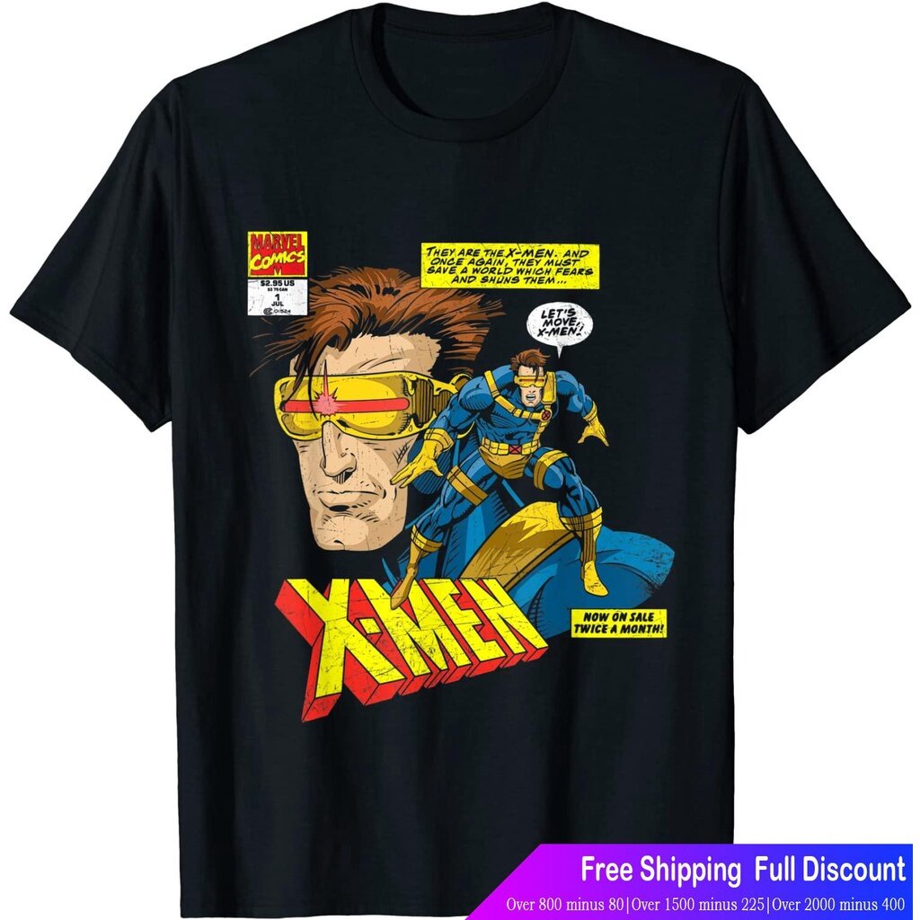 █♬♫♪♩ Marvelเสื้อยืดผู้ชายและผู้หญิง Marvel X-Men Cyclops Mutant Distressed Comic T-Shirt Marvel Spo