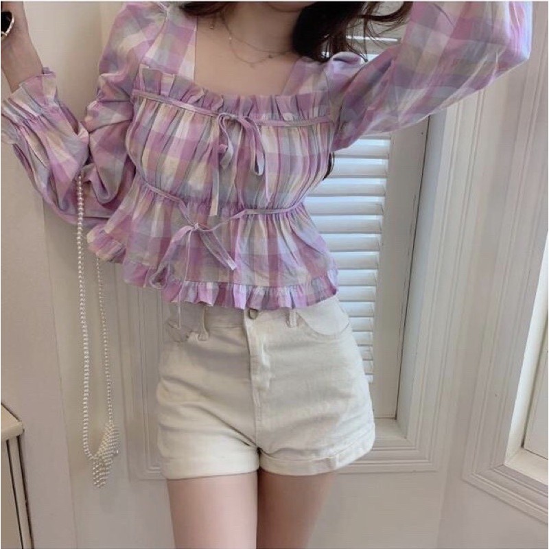 Barbie Blouse เสื้อสก็อตโทนสีพาสเทลสุดหวาน ทรงเสื้อคือสไตล์งานเกาเลยค่ะ อก 38 ยาว 17