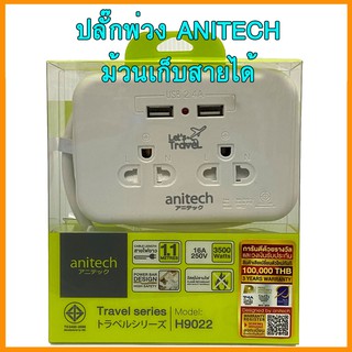 Plug Anitech H9022 ปลั๊กไฟมาตรฐาน มอก. 2 ช่องเสียบ 2 USB สาย 1 เมตร  ปลั๊ก เก็บสายได้ สีขาว