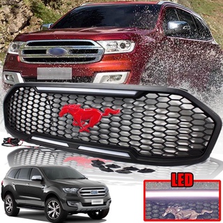 กระจังหน้า หน้ากระจัง มีไฟ LED สีขาว โลโก้ม้า สีแดง รุ่น ฟอร์ด เอเวอเลส FORD EVEREST ปี 2015 - 2018 สีดำด้าน