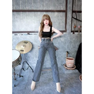 Cc jeans 019 S-5XL กางเกงยีนส์ผู้หญิง ทรงกระบอก เอวสูง แต่งกระเป๋าข้าง กางเกงผู้หญิง
