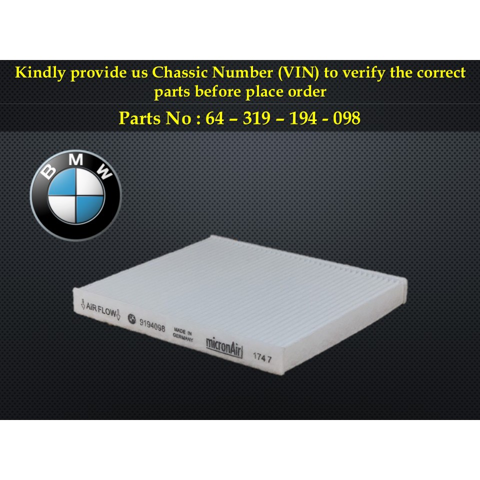BMW - E70 E71 F15 F16 M57 N52 N54 N55 N57 N62 N63 S63 Aircond Filter Cabin Air Filter 64-319-194-098