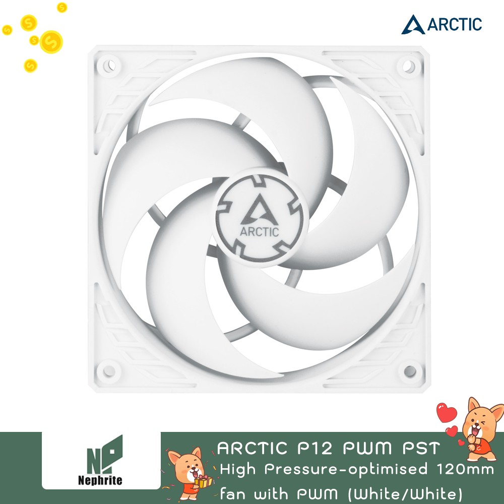 พัดลม ARCTIC P12 PWM PST 120mm white, พัดลมหม้อน้ำ High Pressure-optimised Fan with PWM, Radiation Cooling Fan 4pin