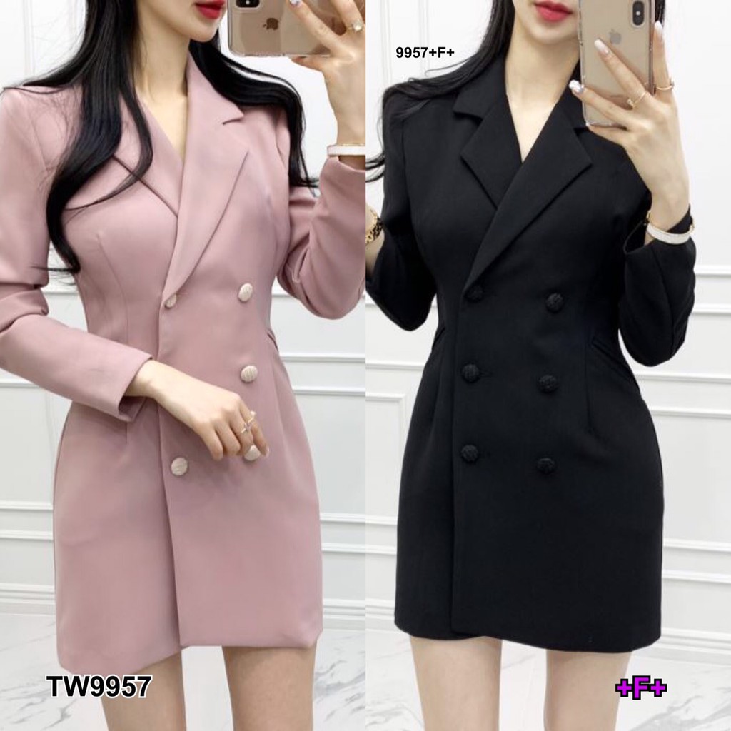 TwinsShopVip พร้อมส่ง TW9957 เดรสปกสูทแขนยาว