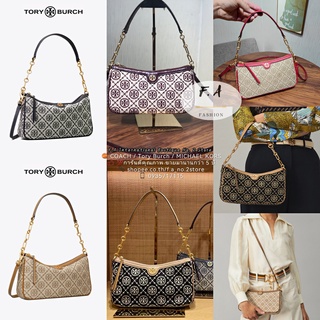 F.A ว่าแท้100% TORY BURCH T MONOGRAM JACUQARD ZIP SHOULDER BAG CHENILLE STUDIO BAG ถุงใต้วงแขน Cross -Body Bag 85137