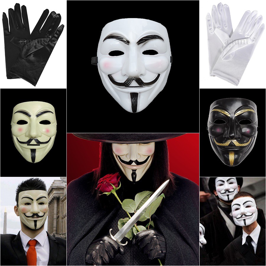 หน้ากาก+ถุงมือ หน้ากากแฮกเกอร์ หน้ากากหนวด Guy Fawkes จากเรื่อง V for Vendetta หน้ากากปาร์ตี้ Mask w