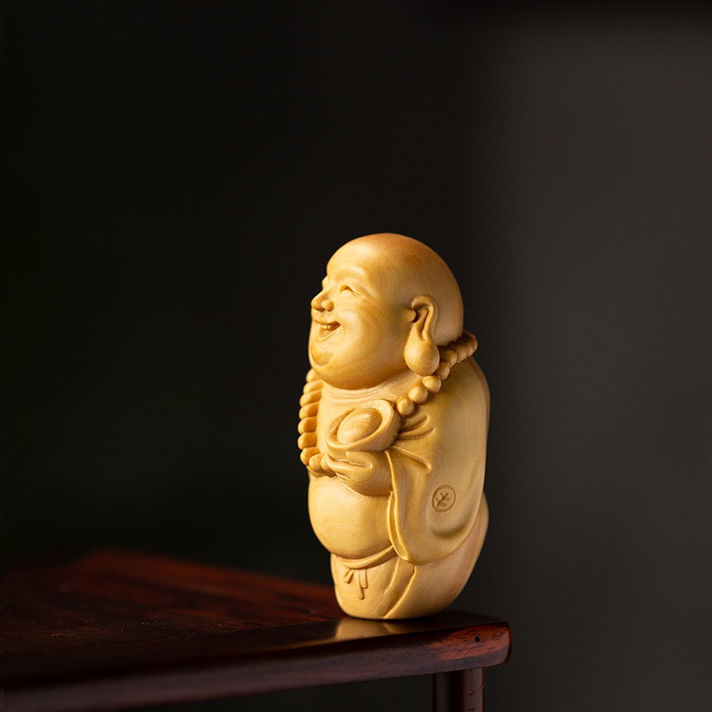 ▥♘◘Boxwood 6cm Maitreya Sculpture Wood Carving Laughing Buddha Statue Home Decor
