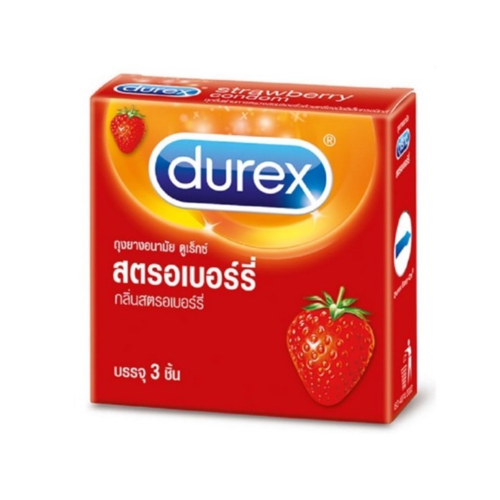 Durex Strawberry ดูเร็กซ์ สตรอเบอร์รี่ ถุงยางอนามัย ถุงยาง ผิวเรียบ ขนาด 52.5 มม. จำนวน 1 กล่อง บรรจุ 3 ชิ้น (13381)