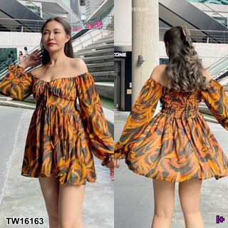 TwinsShopVip💗พร้อมส่ง TW16163 เดรสสั้นน่ารักแขนยาว อกยางยืดมีโบว์ไว้ผูกน่ารักๆ