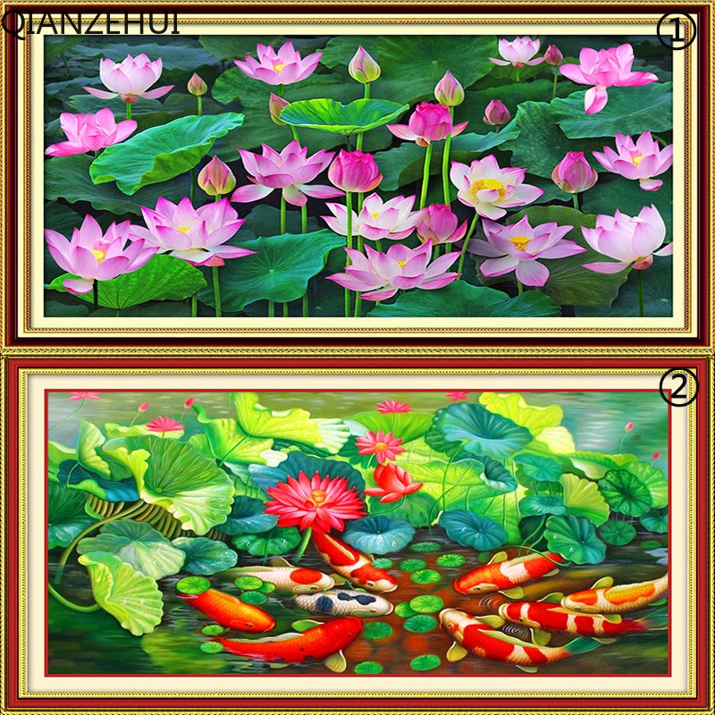 Diy ด้ายฝ้าย 11CT พิมพ์ Lotus Pond Lotus Nine Fish Lotus Cross Stitch ชุดเย็บปักถักร้อยเย็บปักถักร้อย