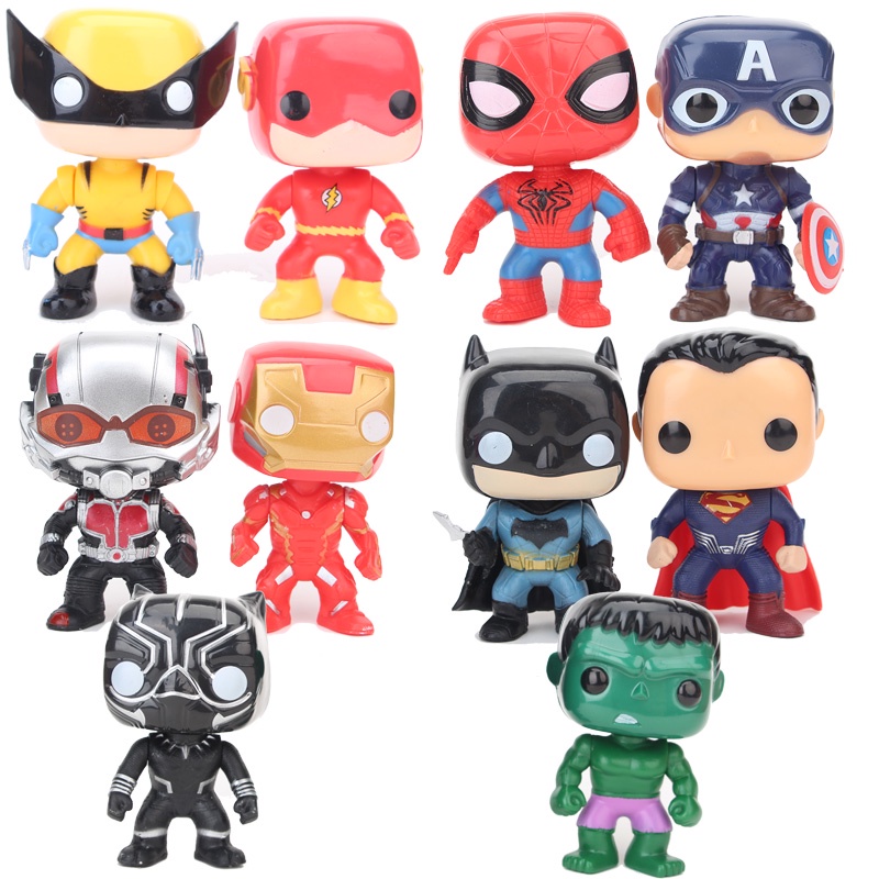 ตุ๊กตาฟิกเกอร์ Batman Funko POP Black Panther Wolverine Spiderman Hulk Superman Ironman Ant-Man Marvel Superheroes ของเล่นสําหรับเด็ก 10 ชิ้น