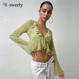 U-sweety เสื้อครอปท็อปลําลอง แขนยาว คอวี โปร่งแสง สีพื้น สไตล์สตรีท สําหรับผู้หญิง