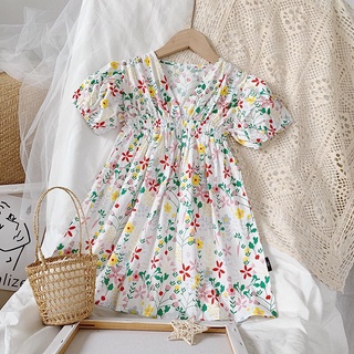 [พร้อมส่ง] ชุดเดรสลายดอกสีขาว แขนตุ๊กตา ชุดเดรสเด็กผู้หญิง เสื้อผ้าเด็กสไตล์เกาหลี ผ้าดี งานดี น่ารัก (งานจริงรูปท้าย)