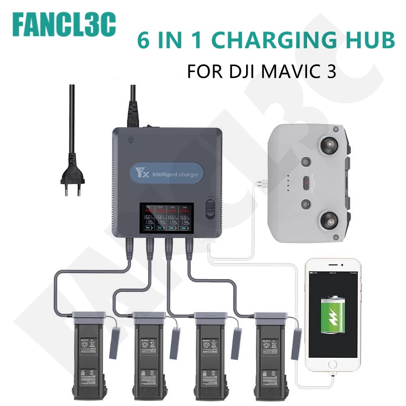 6 in1 จอแสดงผลดิจิตอลเครื่องชาร์จแบตเตอรี่สำหรับ DJI Mavic 3 Pro/Mavic 3/Mavic 3 Classic Drone แบตเตอรี่แท่นชาร์จ Fast Smart เครื่องชาร์จแบตเตอรี่พร้อมอะแดปเตอร์ USB สำหรับ DJI Mavic 3 อุปกรณ์เสริม