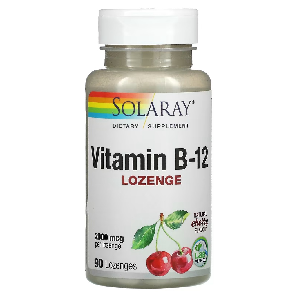 วิตามินบี12 ชนิดเม็ดอม Vitamin B12 Natural Cherry, 2,000 mcg, 90 Lozenges , Solaray
