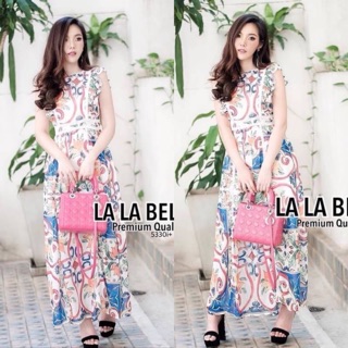 (5330) Maxi Dress แม็กซี่เดรสคอกลมแขนกุดแต่งระบายเป๊นจีบๆ