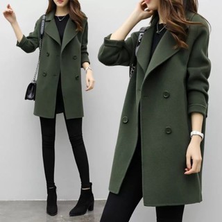 New !!! Trench Coat โค้ทตัวยาวสีเขียวขี้ม้า ผ้าวูลหนาหนัก บุซับในอย่างดีอุ่นๆ