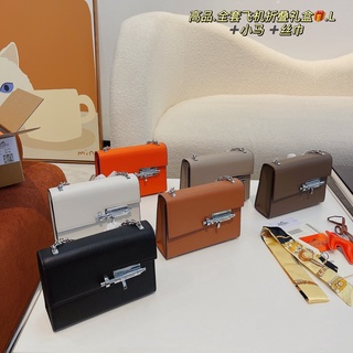 กล่องของขวัญ หนังวัวแท้ แบบพับได้ ของแท้ สําหรับเครื่องบิน Hermès Epsom กระเป๋าสะพายไหล่ สะพายข้าง มีตัวล็อก ขนาด 18*5*13 ซม. สําหรับผู้หญิง