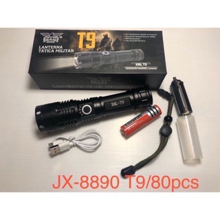 ไฟฉายแรงสูง ไฟฉายซูม XML T9 JX-8890 USB ราคาถูกสุด ชาร์จ USB (แถมถ่านชาร์จ1ก้อน) สว่างมาก แข็งแรง ปรับไฟได้5ระดับ