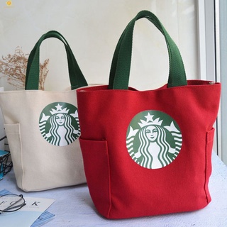 Starbucks กระเป๋าใส่ข้าวกลางวันความจุขนาดใหญ่กระเป๋าถือกระเป๋าผ้าใบลำลองสไตล์เกาหลีกระเป๋าถือผู้หญิงแบบพกพากระเป๋าผ้าขนาดเล็กแฟชั่นลำลองด้านข้างแขวน Flowerdance