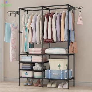 OKUMI_SHOP ราวแขวนผ้าทรงสี่เหลี่ยม ราวตากผ้า พร้อมชั้นวางของและตะขอแขวนหมุนได้360องศา (K-205)