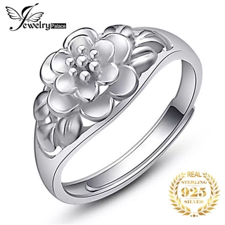 แหวนเงินแท้ 92.5% สำหรับผู้หญิงแหวนดอกไม้ปรับดอกพลัมเครื่องประดับเรียบง่าย
