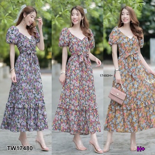 👗Pfashion [ส่งไว!!🚛] P17480 เดรสยาวคอวีไขว้แขนพองลายดอกไม้ เอวผูกโบว์