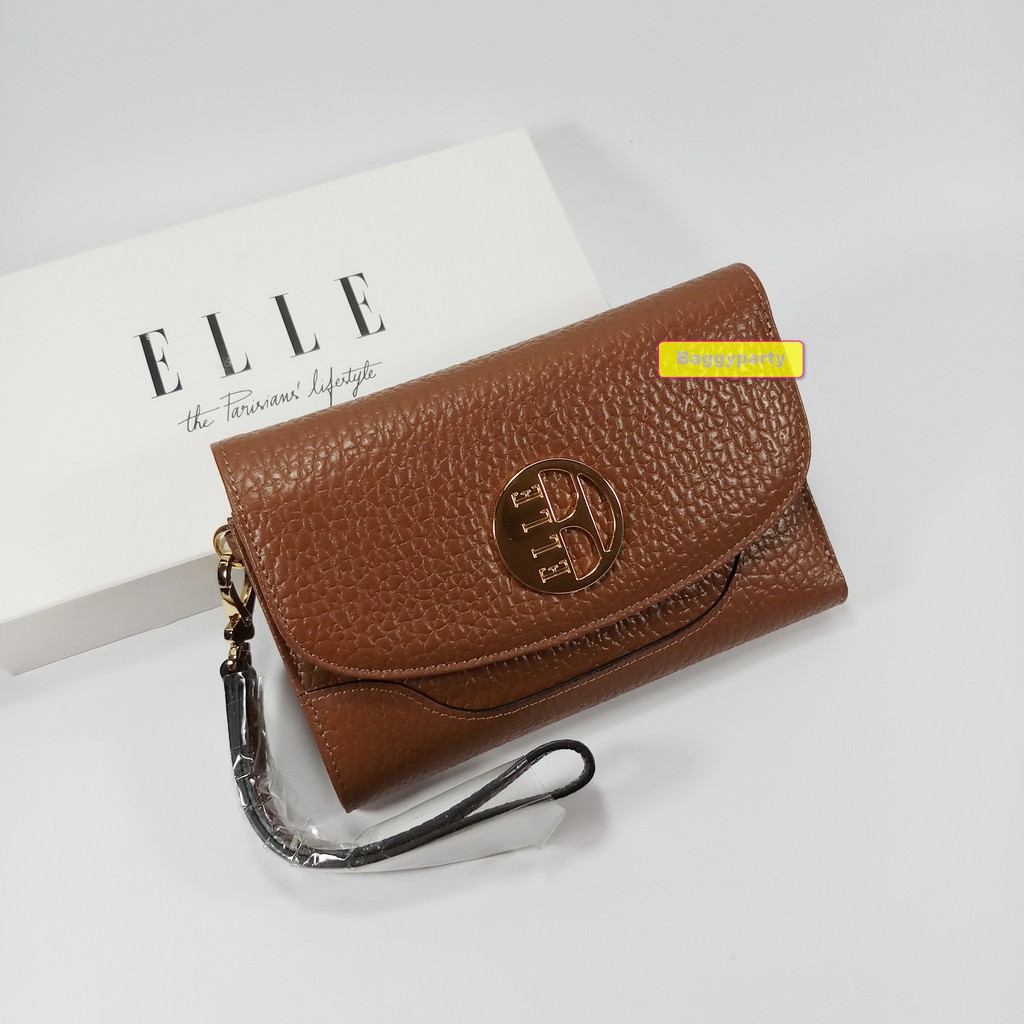 ELLE แท้!!! กระเป๋าสตางค์ผู้หญิง สามพับใบกลาง สีน้ำตาล หนังแท้ลายลิ้นจี่ มีสายคล้องมือ อะไหล่ทอง ของ