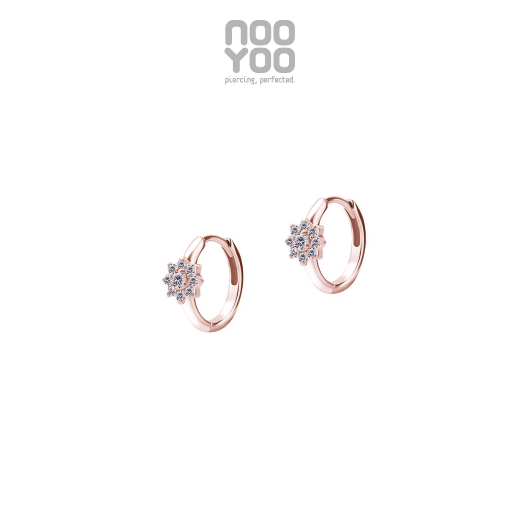 NooYoo ต่างหูสำหรับผิวแพ้ง่าย Hoop Flower with CZ Surgical Steel (ขาว/โรสโกลด์)