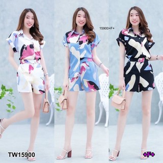 PP15900 Set 2 ชิ้น เสื้อเชิ้ตแขนล้ำพับพิมลายกราฟฟิก + กางเกงขาสั้นลายกราฟฟิก