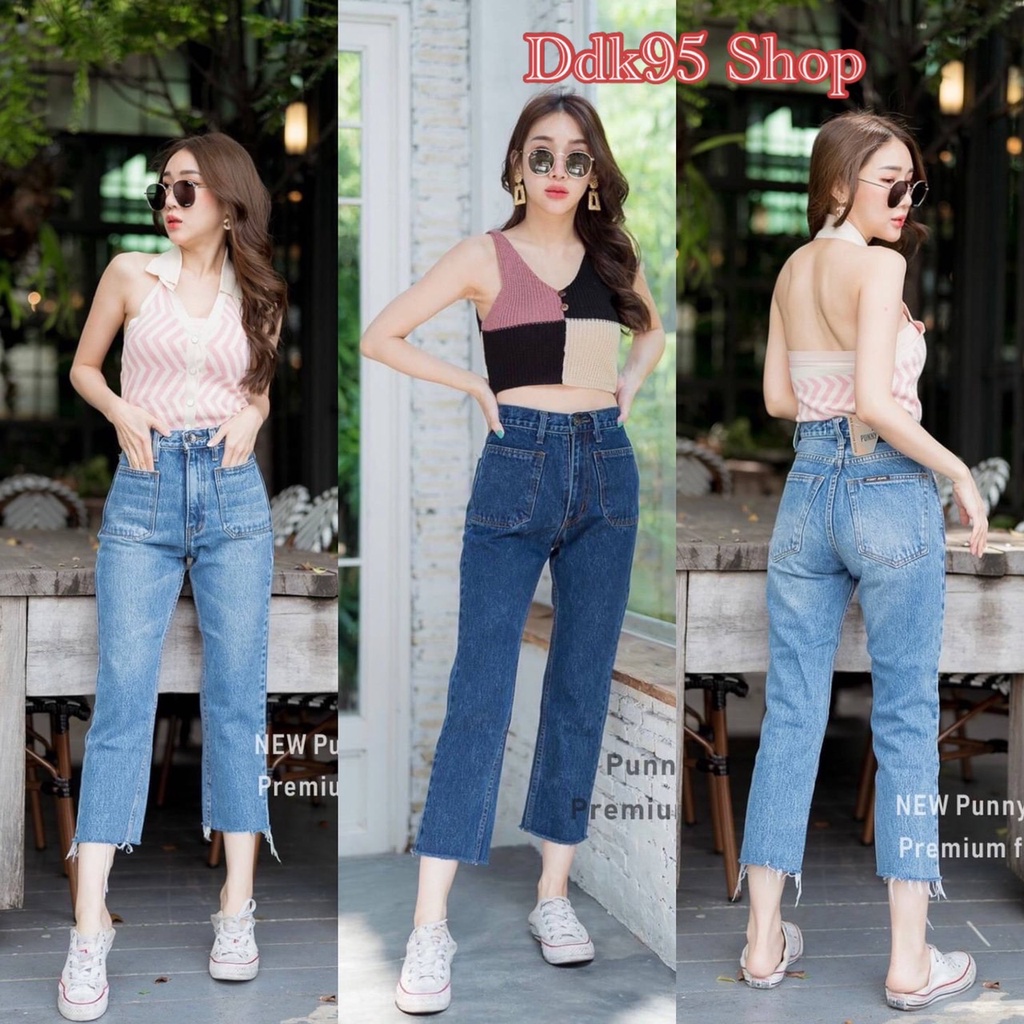 กางเกงยีนส์ขากระบอกเล็ก7ส่วนกระเป๋าตรง เอวสูงผ้าไม่ยืด งานป้ายPunny jeans