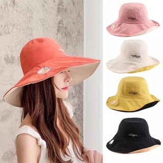 ราคาหมวกกันแดด หมวกวินเทจ หมวกแฟชั่น หมวกบักเก็ต หมวกผู้หญิง หมวกแฟชั่นหญิง งานปัก ยิ้ม ผ้าแคนวาสหนาพิเศษ ใส่ได้ 2 ด้าน