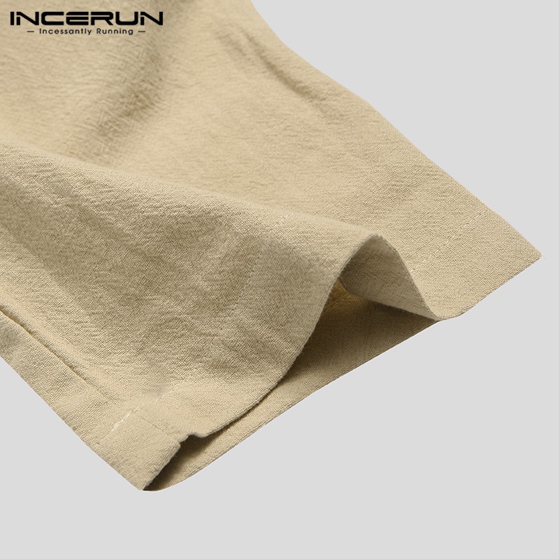 Incerun เสื้อยืดแฟชั่นผู้ชาย ผ้าฝ้าย แขนยาว ผูกเชือก แบบเรียบ ทรงหลวม