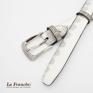 La Franche - เซ็ท "หนังงูแท้ Full Grain" สีขาวสลับลายดำ พร้อมหัวเข็มขัดนิกเกิ้ล #2S0005