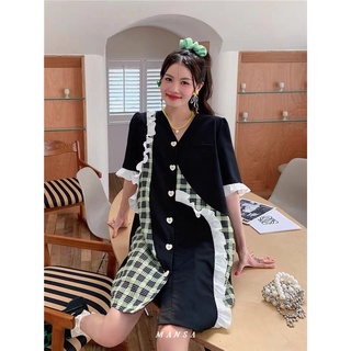 MANSA black plaid ruffle dress เดรสลายสก็อต ชุดเกาหลี เสื้อแขนพองผู้หญิง เดรส