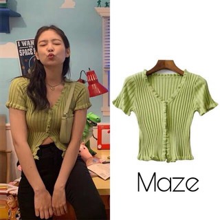 🐼 Maze 💦เสื้อยืดคาร์ดิแกนถักนิตติ้งย้อนยุคของ Jennie  เซ็กซี่โชว์หุ่นสวยๆ📮 9745#