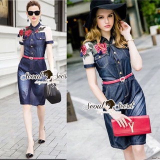 Red flora nifty denim shirt dress