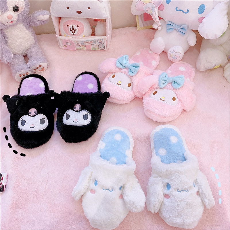 รองเท้าแตะในร่มสำหรับผู้หญิง ดีไซน์จากคาแรคเตอร์ Cinnamoroll, Melody, และ Kuromi สไตล์ Finn Plush เหมาะสำหรับสวมใส่ภายในบ้าน