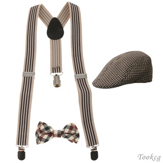 [{Cod] ชุดหมวกแฟชั่นเด็กผู้ชาย Y-Back Suspender Bowtie + หมวก Beret