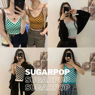 🍨🍭SugarPop🍬🍧 เสื้อสายเดี่ยว ลายตาราง ผ้าไหมพรม (Ref #088)