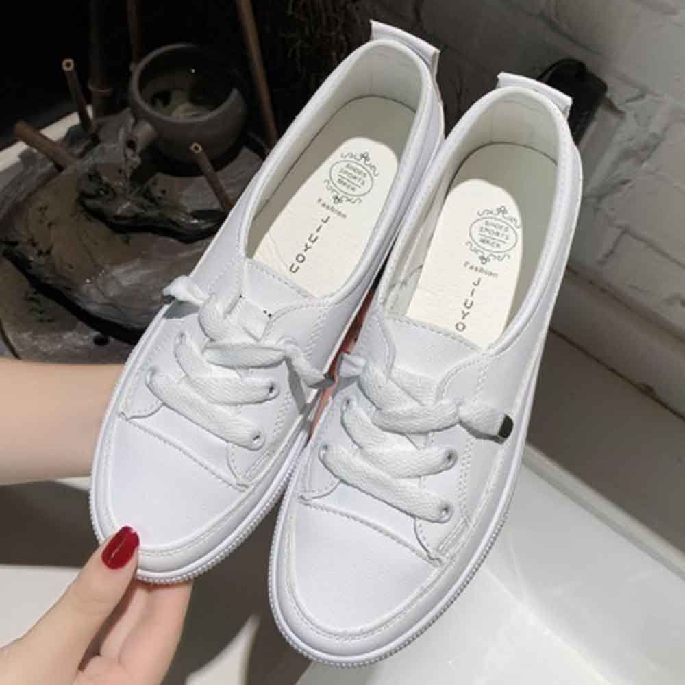 Korean🧧  รองเท้าผ้าใบแฟชั่น ทรงหน้าสั้น สีขาวล้วน ไซส์ 35-40