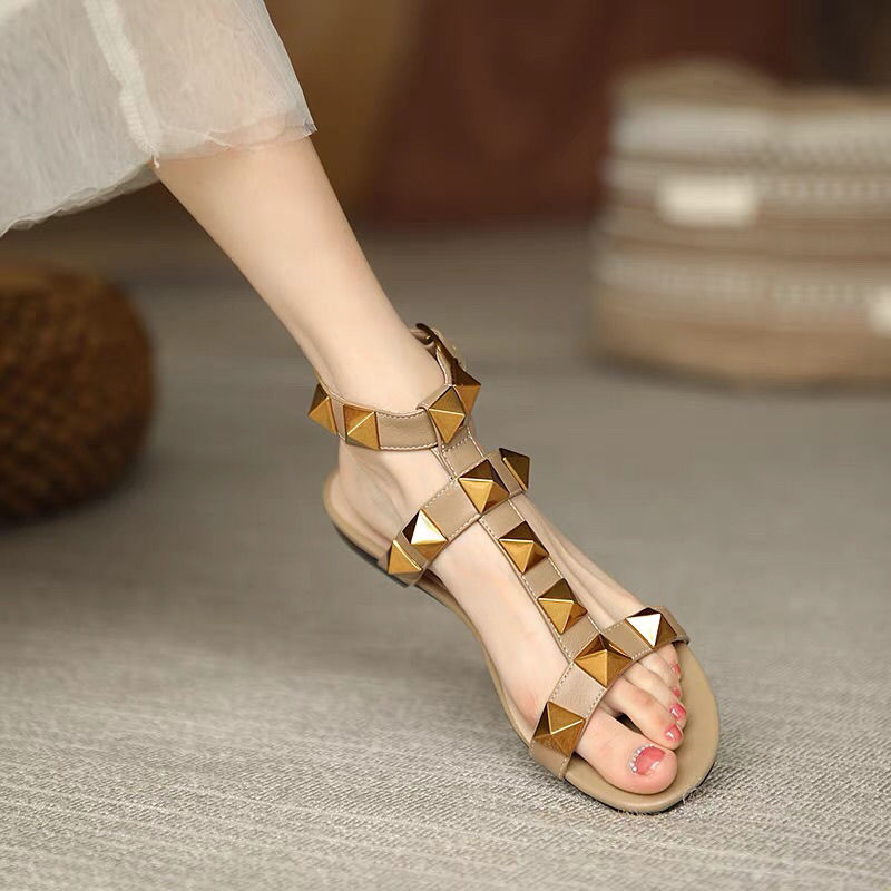 Roman Sandals Womens2021Summer New Soft Leather Rivets Fairy Style Flat ...