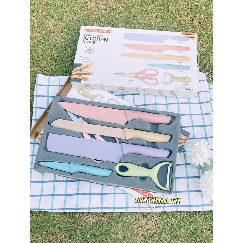 พร้อมส่ง เซ็ตมีดข้าวฟาง เคลือบเซรามิคสีพาสเทล 6ชิ้น มีดครัว ชุดของขวัญเครื่องครัว