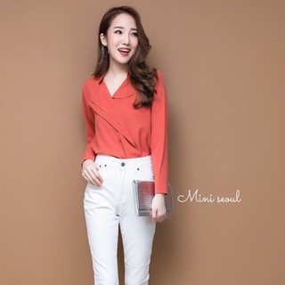 MN474🌹Chiffon Blouse สื้อแต่งปกพับกระดุมหน้า