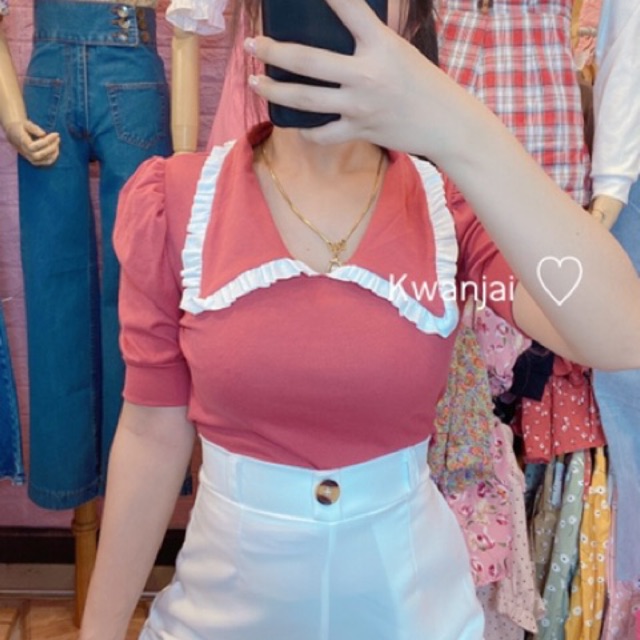 เสื้อยืด คอปกแต่งระบายที่คอหวานมาก แขนตุ๊กตา[NC-08]