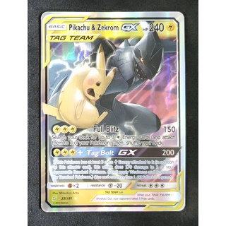 Pikachu &amp; Zekrom Tag Team GX พิคาชู &amp; เซครอม 33/181 Pokemon Card Gold Flash Light (Glossy) ภาษาอังกฤษ