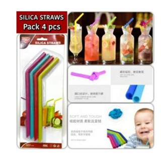 Silica Straws Pack 4 หลอดซิลิโคนแบบปลายโค้งไซด์ใหญ่ ใช่ดูดน้ำ ตัวซิลิโคน Food Grade